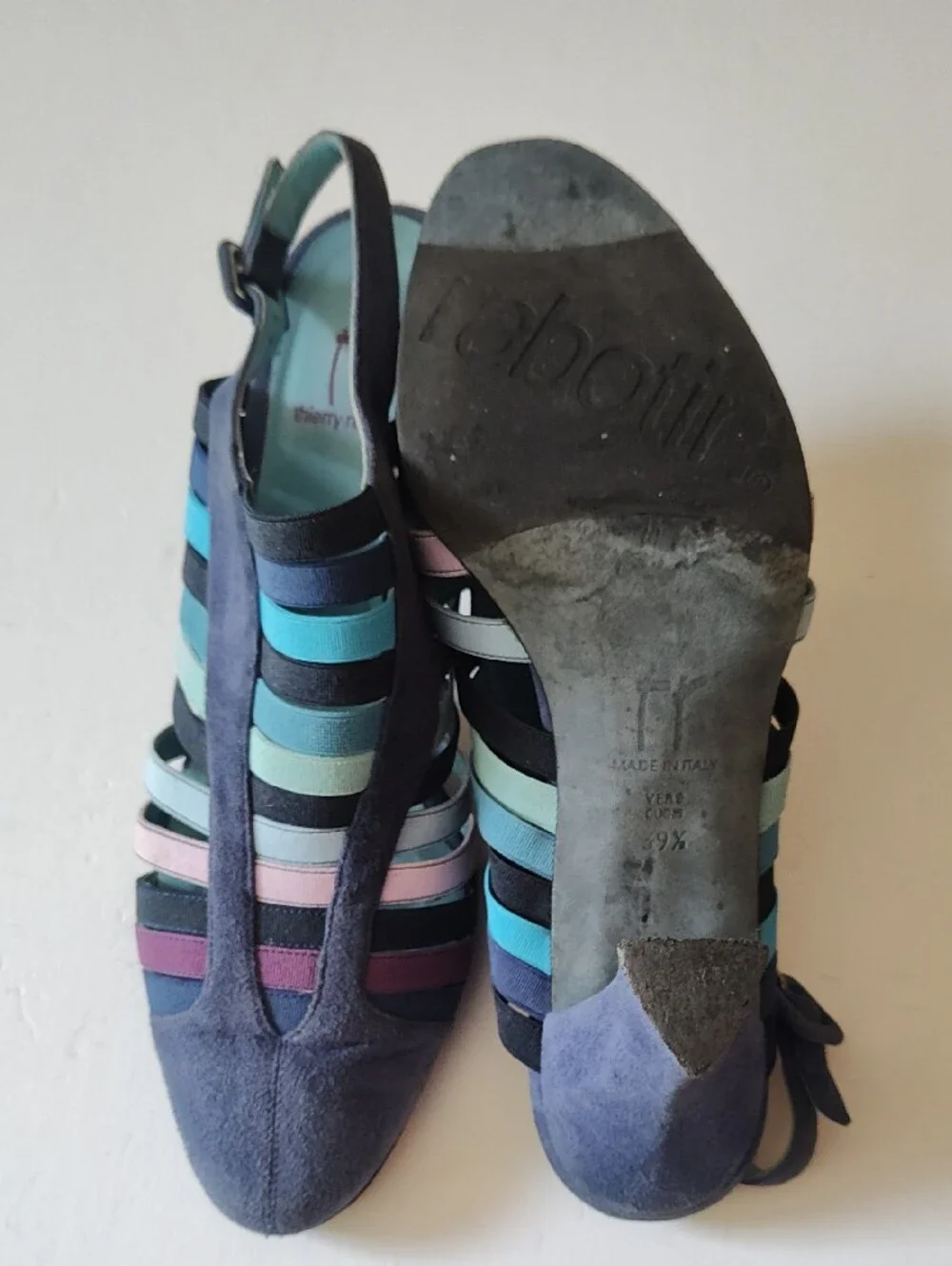 THIERRY RABOTIN Navy Suede Multicolor  Stripe Slingback Heels Size 39.5 US 9.5